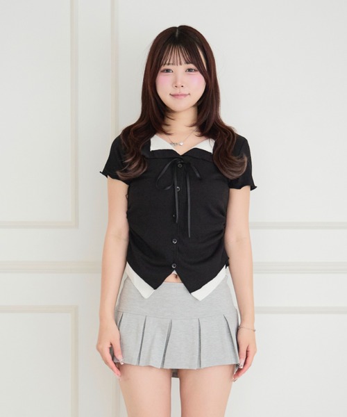 ALLuRing ChaRm(アリュリングチャーム)の「Faux Layered Ribbed Cardigan / フェイクレイヤードリブカーディガン(シャツ/ブラウス・レディース・ピンク/ライトブルー/ブラック・FREE)」の4枚目の写真