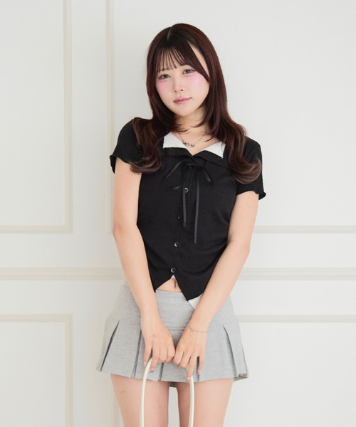 ALLuRing ChaRm(アリュリングチャーム)の「Faux Layered Ribbed Cardigan / フェイクレイヤードリブカーディガン(シャツ/ブラウス・レディース・ピンク/ライトブルー/ブラック・FREE)」の5枚目の写真