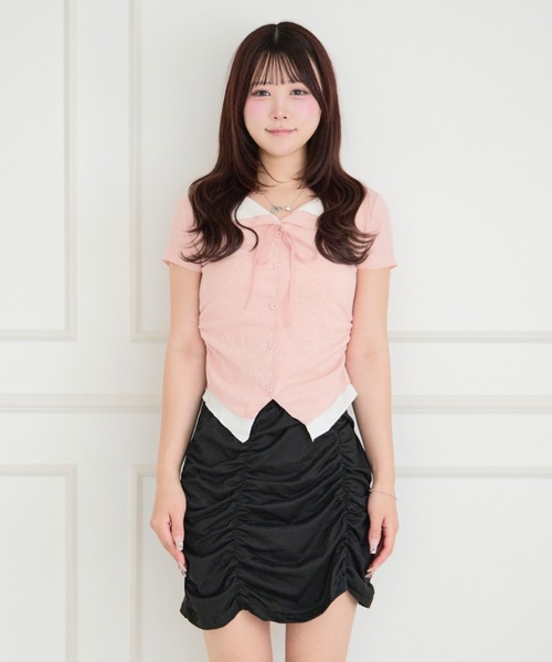 ALLuRing ChaRm(アリュリングチャーム)の「Faux Layered Ribbed Cardigan / フェイクレイヤードリブカーディガン(シャツ/ブラウス・レディース・ピンク/ライトブルー/ブラック・FREE)」の15枚目の写真