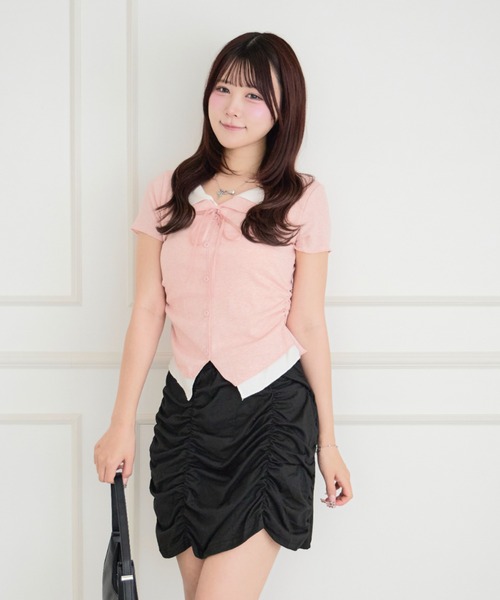 ALLuRing ChaRm(アリュリングチャーム)の「Faux Layered Ribbed Cardigan / フェイクレイヤードリブカーディガン(シャツ/ブラウス・レディース・ピンク/ライトブルー/ブラック・FREE)」の16枚目の写真