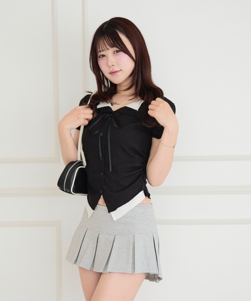 ALLuRing ChaRm(アリュリングチャーム)の「Faux Layered Ribbed Cardigan / フェイクレイヤードリブカーディガン(シャツ/ブラウス・レディース・ピンク/ライトブルー/ブラック・FREE)」の7枚目の写真