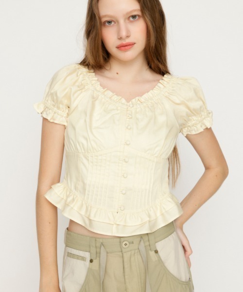 SLY(スライ)の「PUFF SLEEVES WOVEN TOPS パフスリーブスウーブントップス 夏服 秋服(シャツ/ブラウス・レディース・ライトブルー/ブラック/ブルー/アイボリー・FREE)」の2枚目の写真