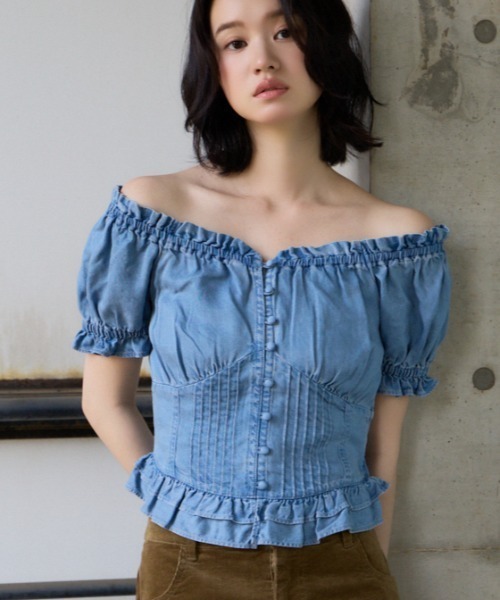 SLY(スライ)の「PUFF SLEEVES WOVEN TOPS パフスリーブスウーブントップス 夏服 秋服(シャツ/ブラウス・レディース・ライトブルー/ブラック/ブルー/アイボリー・FREE)」の1枚目の写真