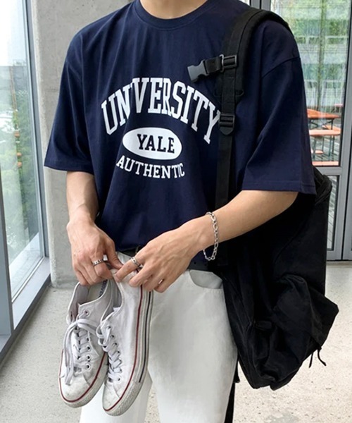 NOWLE(ノウル)の「【NOWLE】アーチカレッジロゴ 半袖Tシャツ / レトロアメカジ オーバルグラフィック クラシックトップス(Tシャツ/カットソー・メンズ・ホワイト/ネイビー・MEDIUM/LARGE/X-LARGE)」の2枚目の写真