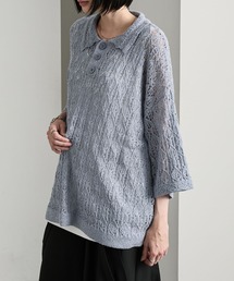 【cussil/クシル】 レース柄透かし編み半袖ニットポロシャツ