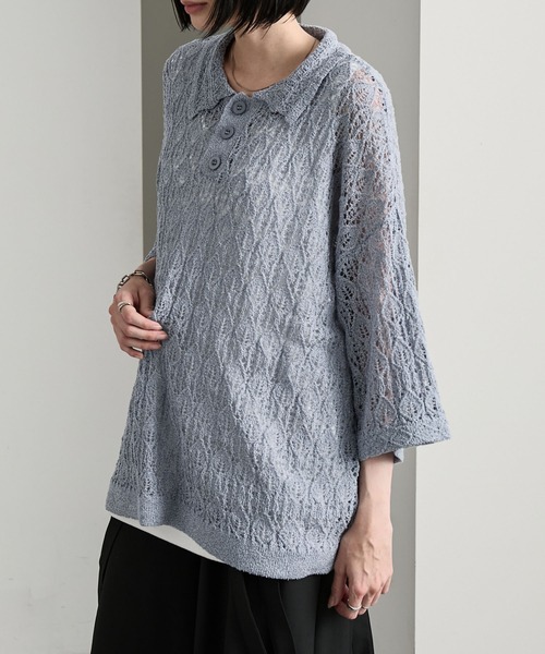 cussil（クシル）の「【cussil/クシル】 レース柄透かし編み半袖ニットポロシャツ（ポロシャツ・メンズ・ブルー/ブラック・S/M/L）」の2枚目の写真