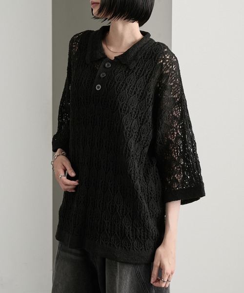 cussil（クシル）の「【cussil/クシル】 レース柄透かし編み半袖ニットポロシャツ（ポロシャツ・メンズ・ブルー/ブラック・S/M/L）」の3枚目の写真
