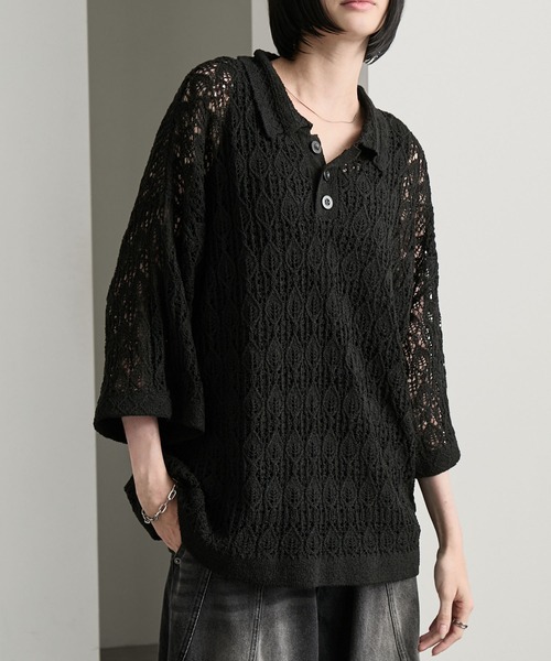 cussil（クシル）の「【cussil/クシル】 レース柄透かし編み半袖ニットポロシャツ（ポロシャツ・メンズ・ブルー/ブラック・S/M/L）」の6枚目の写真