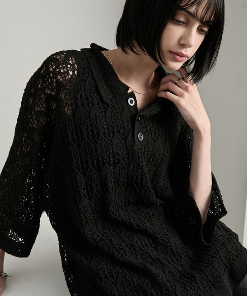 cussil（クシル）の「【cussil/クシル】 レース柄透かし編み半袖ニットポロシャツ（ポロシャツ・メンズ・ブルー/ブラック・S/M/L）」の7枚目の写真