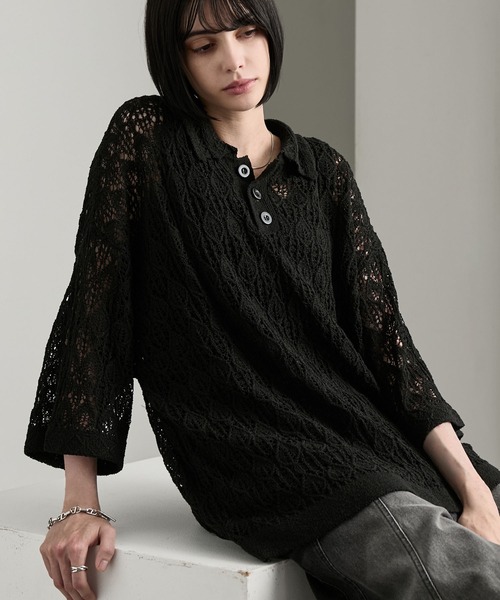cussil（クシル）の「【cussil/クシル】 レース柄透かし編み半袖ニットポロシャツ（ポロシャツ・メンズ・ブルー/ブラック・S/M/L）」の9枚目の写真