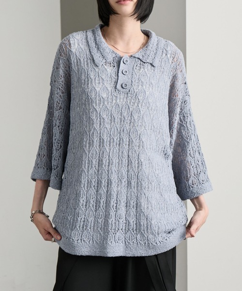 cussil（クシル）の「【cussil/クシル】 レース柄透かし編み半袖ニットポロシャツ（ポロシャツ・メンズ・ブルー/ブラック・S/M/L）」の14枚目の写真