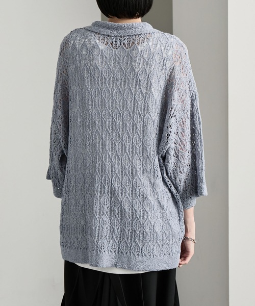 cussil（クシル）の「【cussil/クシル】 レース柄透かし編み半袖ニットポロシャツ（ポロシャツ・メンズ・ブルー/ブラック・S/M/L）」の15枚目の写真