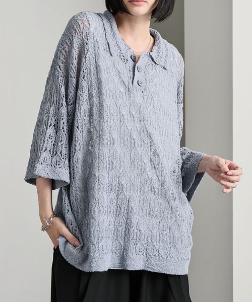 cussil（クシル）の「【cussil/クシル】 レース柄透かし編み半袖ニットポロシャツ（ポロシャツ・メンズ・ブルー/ブラック・S/M/L）」の16枚目の写真