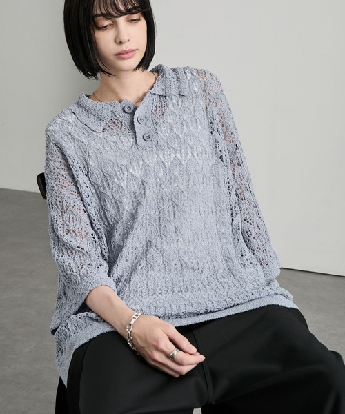 cussil（クシル）の「【cussil/クシル】 レース柄透かし編み半袖ニットポロシャツ（ポロシャツ・メンズ・ブルー/ブラック・S/M/L）」の17枚目の写真
