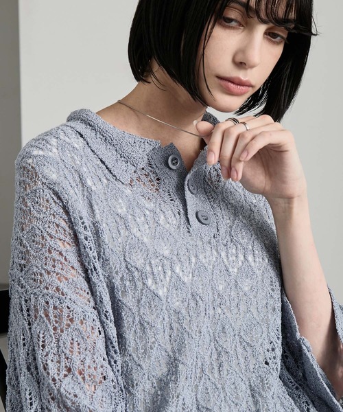 cussil（クシル）の「【cussil/クシル】 レース柄透かし編み半袖ニットポロシャツ（ポロシャツ・メンズ・ブルー/ブラック・S/M/L）」の18枚目の写真