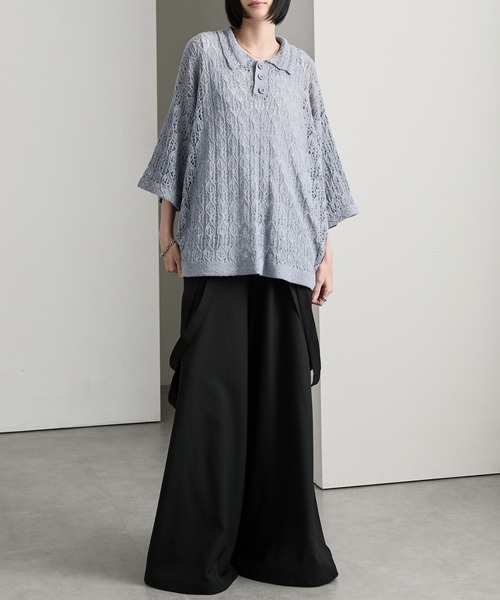 cussil（クシル）の「【cussil/クシル】 レース柄透かし編み半袖ニットポロシャツ（ポロシャツ・メンズ・ブルー/ブラック・S/M/L）」の19枚目の写真