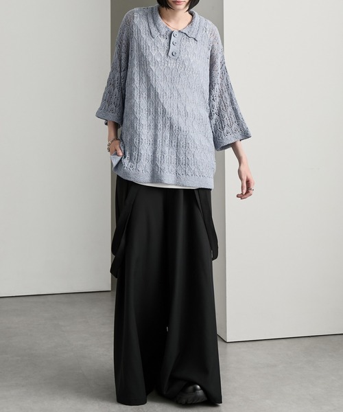 cussil（クシル）の「【cussil/クシル】 レース柄透かし編み半袖ニットポロシャツ（ポロシャツ・メンズ・ブルー/ブラック・S/M/L）」の20枚目の写真