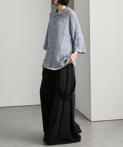 cussil（クシル）の「【cussil/クシル】 レース柄透かし編み半袖ニットポロシャツ（ポロシャツ・メンズ・ブルー/ブラック・S/M/L）」の21枚目の写真