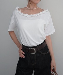 【Rashik】フリルネックワンショルTシャツ 半袖 カットソー オフショル