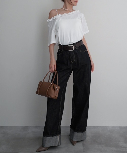 Rashik(ラシク)の「【Rashik】フリルネックワンショルTシャツ 半袖 カットソー オフショル(Tシャツ/カットソー・レディース・ホワイト/ブラック/グレー/ピンク・FREE)」の6枚目の写真
