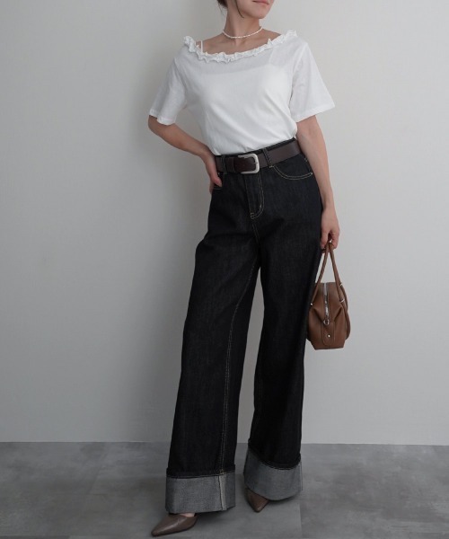 Rashik(ラシク)の「【Rashik】フリルネックワンショルTシャツ 半袖 カットソー オフショル(Tシャツ/カットソー・レディース・ホワイト/ブラック/グレー/ピンク・FREE)」の5枚目の写真