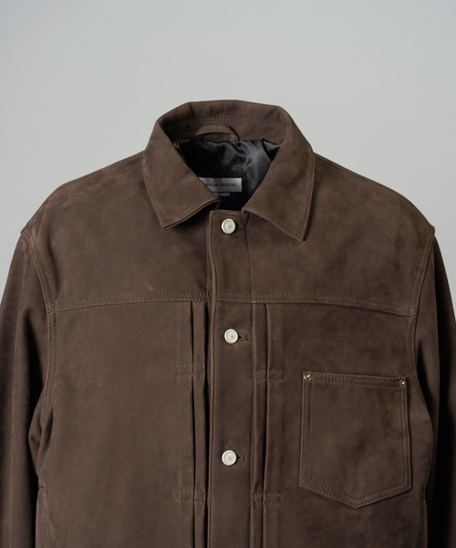 MAISON SPECIAL(メゾンスペシャル)の「《UNISEX》Sheep Leather Nubuck Prime-Over Trucker Jacket/シープレザーヌバックプライムオーバーGジャン【MAISON SPECIAL/メゾンスペシャル】(ブルゾン・メンズ・ブラウン・1/2/0)」の10枚目の写真