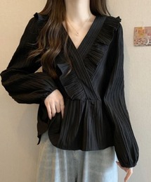 プリーツフリル カシュクールブラウス レディース 長袖 ペプラムトップス 細見え ウエスト切り替え 上品 大人可愛い