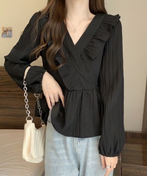 Beststore(ベストストア)の「プリーツフリル カシュクールブラウス レディース 長袖 ペプラムトップス 細見え ウエスト切り替え 上品 大人可愛い(シャツ/ブラウス・レディース・ブラック/ホワイト/カーキ・FREE)」の20枚目の写真