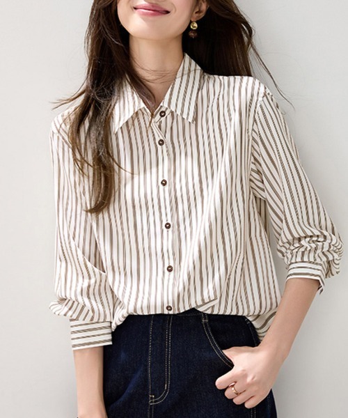 ONEP STAR(ワンピスター)の「ストライプ柄ベーシック長袖シャツ(シャツ/ブラウス・レディース・ストライプ・MEDIUM/X-LARGE/LARGE)」の2枚目の写真
