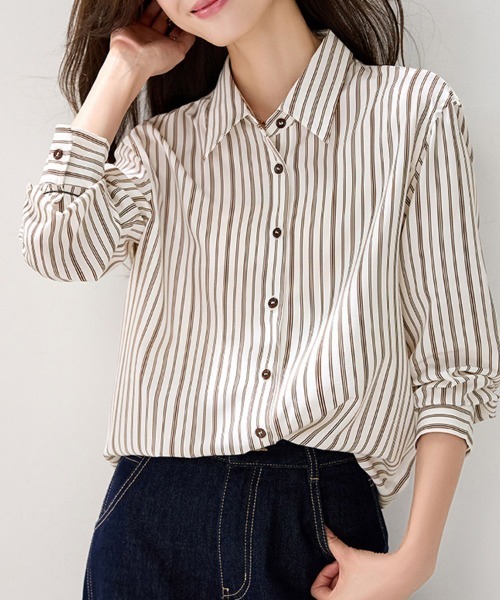 ONEP STAR(ワンピスター)の「ストライプ柄ベーシック長袖シャツ(シャツ/ブラウス・レディース・ストライプ・MEDIUM/X-LARGE/LARGE)」の3枚目の写真