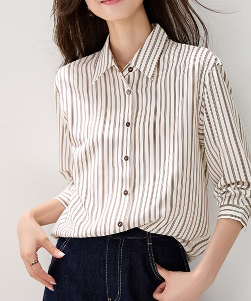 ONEP STAR(ワンピスター)の「ストライプ柄ベーシック長袖シャツ(シャツ/ブラウス・レディース・ストライプ・MEDIUM/X-LARGE/LARGE)」の6枚目の写真