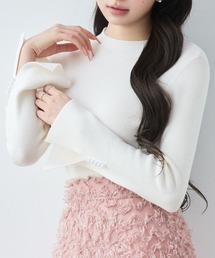 【2026AW】ニット レディース リブニット プチハイネック 長袖 パールボタン スリット袖 ストレッチ フィットニット 細見え シンプル きれいめ フェミニン 通勤