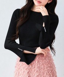【2026AW】ニット レディース リブニット プチハイネック 長袖 パールボタン スリット袖 ストレッチ フィットニット 細見え シンプル きれいめ フェミニン 通勤