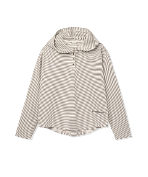 LIFE WORK(ライフワーク)の「レディース ストライプボタン ヘンリーネック フードTシャツ(パーカー・レディース・チャコールグレー/ベージュ・FREE)」の2枚目の写真