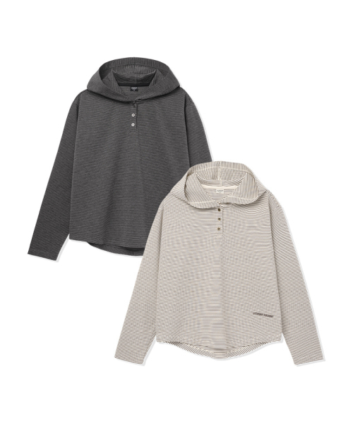 LIFE WORK(ライフワーク)の「レディース ストライプボタン ヘンリーネック フードTシャツ(パーカー・レディース・チャコールグレー/ベージュ・FREE)」の11枚目の写真