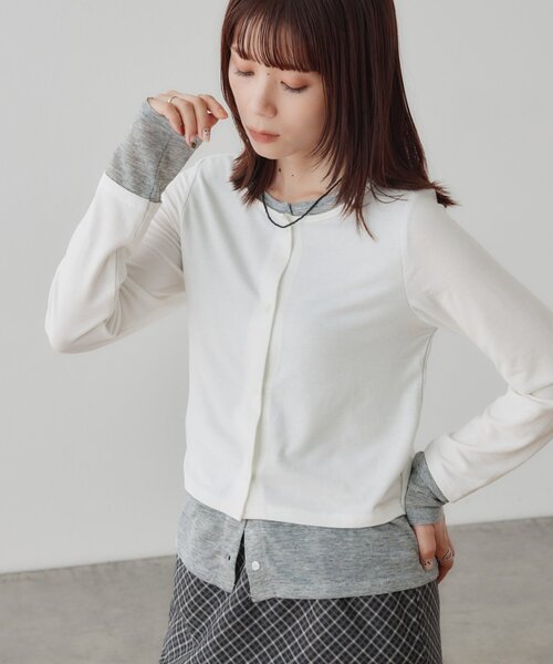 DISCOAT(ディスコート)の「【WEB限定】異素材ドッキングバイカラーカーディガン(Tシャツ/カットソー・レディース・ブラック/グレー/ブラウン/アイボリー・FREE)」の2枚目の写真