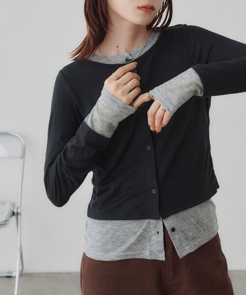DISCOAT(ディスコート)の「【WEB限定】異素材ドッキングバイカラーカーディガン(Tシャツ/カットソー・レディース・ブラック/グレー/ブラウン/アイボリー・FREE)」の3枚目の写真