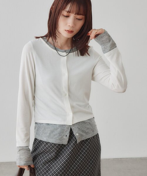 DISCOAT(ディスコート)の「【WEB限定】異素材ドッキングバイカラーカーディガン(Tシャツ/カットソー・レディース・ブラック/グレー/ブラウン/アイボリー・FREE)」の7枚目の写真