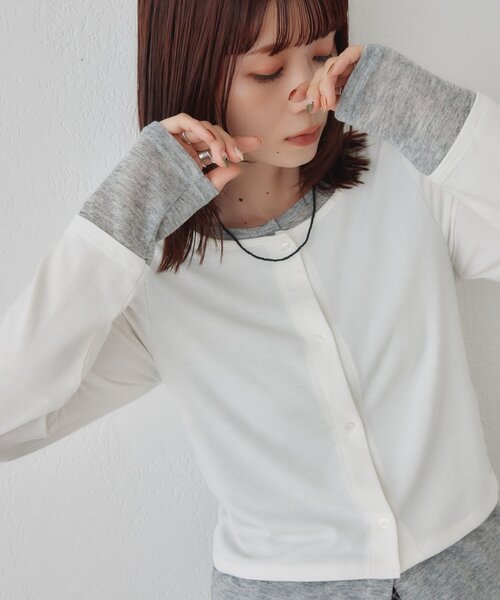DISCOAT(ディスコート)の「【WEB限定】異素材ドッキングバイカラーカーディガン(Tシャツ/カットソー・レディース・ブラック/グレー/ブラウン/アイボリー・FREE)」の8枚目の写真