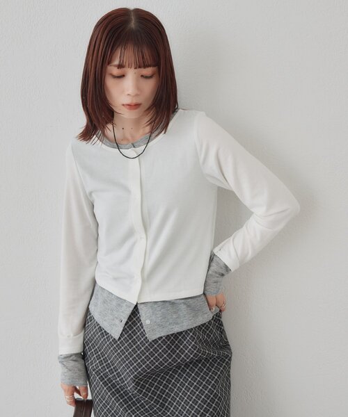 DISCOAT(ディスコート)の「【WEB限定】異素材ドッキングバイカラーカーディガン(Tシャツ/カットソー・レディース・ブラック/グレー/ブラウン/アイボリー・FREE)」の10枚目の写真