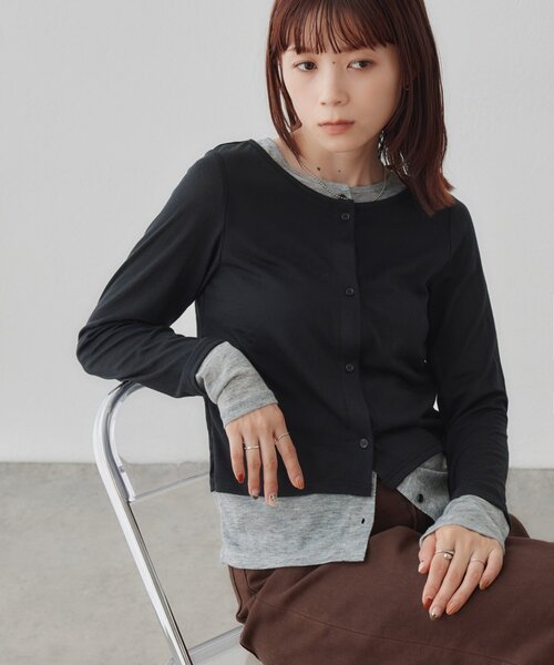 DISCOAT(ディスコート)の「【WEB限定】異素材ドッキングバイカラーカーディガン(Tシャツ/カットソー・レディース・ブラック/グレー/ブラウン/アイボリー・FREE)」の13枚目の写真