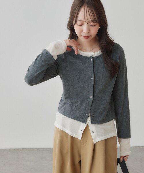 DISCOAT(ディスコート)の「【WEB限定】異素材ドッキングバイカラーカーディガン(Tシャツ/カットソー・レディース・ブラック/グレー/ブラウン/アイボリー・FREE)」の21枚目の写真