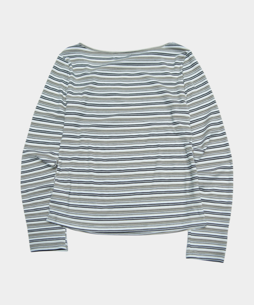 PLACE STUDIO（プレイススタジオ）の「マルチストライプ斜めアイレットディテール コットンロングスリーブ ウィメンズTシャツ [ベージュ]（Tシャツ/カットソー・レディース・ベージュ・FREE）」の2枚目の写真