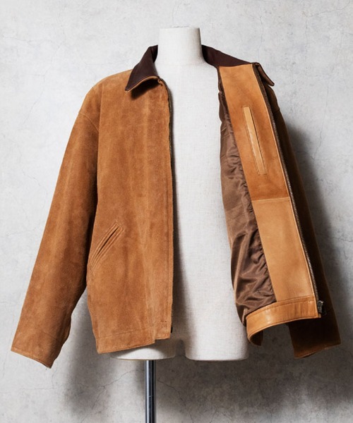 HOUSTON（ヒューストン）の「HOUSTON ヒューストン SUEDE ZIP WORK JACKET / ゴートスエード ジップ ワークジャケット（ライダースジャケット・メンズ・キャメル/グレー・L/XL/M）」の4枚目の写真