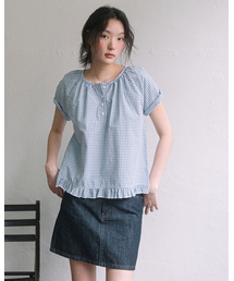 CHECK HENLEY NECK BLOUSE(SKY BLUE)