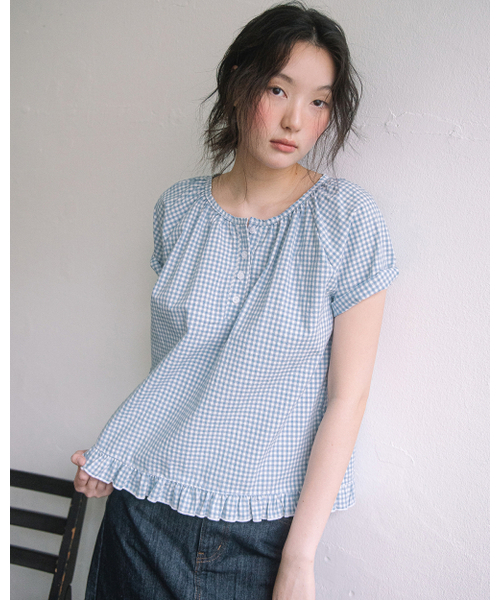 HAVISM（ヘビズム）の「CHECK HENLEY NECK BLOUSE(SKY BLUE)（シャツ/ブラウス・レディース・その他・FREE）」の2枚目の写真