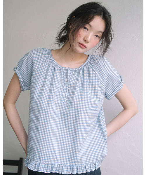HAVISM（ヘビズム）の「CHECK HENLEY NECK BLOUSE(SKY BLUE)（シャツ/ブラウス・レディース・その他・FREE）」の5枚目の写真
