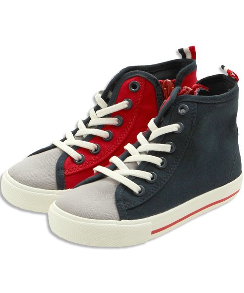 Ampersand(アンパサンド)の「トドラークレイジー配色ハイカットスニーカー(スニーカー・キッズ・ストライプ/ネイビー/ブラック・20/18/21/17/16/19)」の3枚目の写真