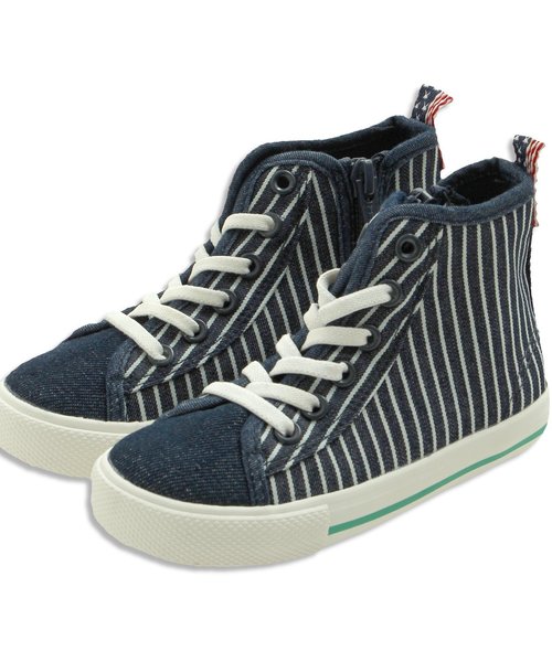 Ampersand(アンパサンド)の「トドラークレイジー配色ハイカットスニーカー(スニーカー・キッズ・ストライプ/ネイビー/ブラック・20/18/21/17/16/19)」の1枚目の写真