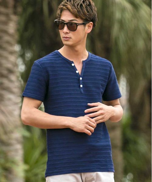 A.S.M（エーエスエム）の「タックジャガードヘンリーネックT（Tシャツ/カットソー・メンズ・グレー/ブルー/ブラック/カーキ/オフホワイト/ネイビー・48/50/52）」の5枚目の写真